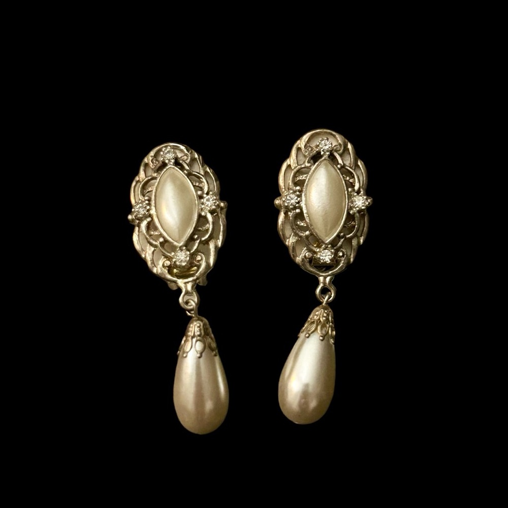 Silver-toned Pearl Drop Austrian Crystal Clip-On Earrings by Crystal Accents